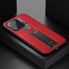 Silikon Hülle Handyhülle Gummi Schutzhülle Flexible Leder Tasche mit Magnetisch Fingerring Ständer S01 für Xiaomi Mi 11 Pro 5G Rot