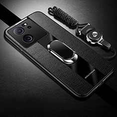 Silikon Hülle Handyhülle Gummi Schutzhülle Flexible Leder Tasche mit Magnetisch Fingerring Ständer S01 für Xiaomi Mi 13T 5G Schwarz