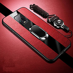 Silikon Hülle Handyhülle Gummi Schutzhülle Flexible Leder Tasche mit Magnetisch Fingerring Ständer S01 für Xiaomi Redmi 10X 5G Rot