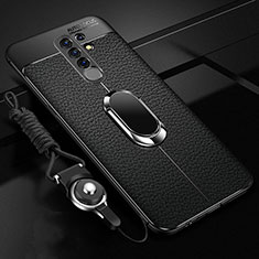 Silikon Hülle Handyhülle Gummi Schutzhülle Flexible Leder Tasche mit Magnetisch Fingerring Ständer S01 für Xiaomi Redmi 9 Schwarz