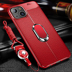 Silikon Hülle Handyhülle Gummi Schutzhülle Flexible Leder Tasche mit Magnetisch Fingerring Ständer S02 für Apple iPhone 13 Rot