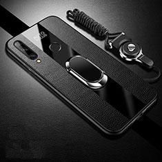 Silikon Hülle Handyhülle Gummi Schutzhülle Flexible Leder Tasche mit Magnetisch Fingerring Ständer S02 für Huawei Enjoy 10 Plus Schwarz