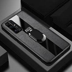 Silikon Hülle Handyhülle Gummi Schutzhülle Flexible Leder Tasche mit Magnetisch Fingerring Ständer S02 für Huawei Honor 30 Schwarz
