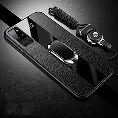 Silikon Hülle Handyhülle Gummi Schutzhülle Flexible Leder Tasche mit Magnetisch Fingerring Ständer S02 für Huawei Honor Play4 Pro 5G Schwarz