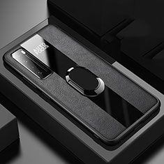 Silikon Hülle Handyhülle Gummi Schutzhülle Flexible Leder Tasche mit Magnetisch Fingerring Ständer S02 für Huawei Nova 7 5G Schwarz
