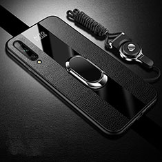 Silikon Hülle Handyhülle Gummi Schutzhülle Flexible Leder Tasche mit Magnetisch Fingerring Ständer S02 für Huawei P smart S Schwarz