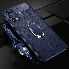 Silikon Hülle Handyhülle Gummi Schutzhülle Flexible Leder Tasche mit Magnetisch Fingerring Ständer S02 für Oppo Find X3 Lite 5G Blau