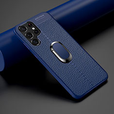 Silikon Hülle Handyhülle Gummi Schutzhülle Flexible Leder Tasche mit Magnetisch Fingerring Ständer S02 für Samsung Galaxy S21 Ultra 5G Blau