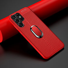 Silikon Hülle Handyhülle Gummi Schutzhülle Flexible Leder Tasche mit Magnetisch Fingerring Ständer S02 für Samsung Galaxy S22 Ultra 5G Rot
