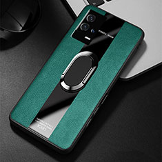 Silikon Hülle Handyhülle Gummi Schutzhülle Flexible Leder Tasche mit Magnetisch Fingerring Ständer S02 für Vivo iQOO 8 5G Grün