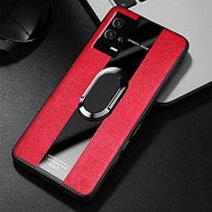 Silikon Hülle Handyhülle Gummi Schutzhülle Flexible Leder Tasche mit Magnetisch Fingerring Ständer S02 für Vivo iQOO 8 5G Rot
