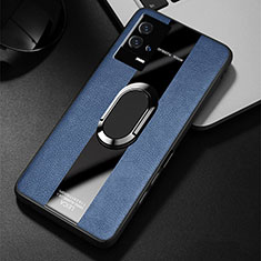 Silikon Hülle Handyhülle Gummi Schutzhülle Flexible Leder Tasche mit Magnetisch Fingerring Ständer S02 für Vivo iQOO 8 Pro 5G Blau