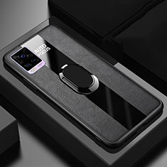 Silikon Hülle Handyhülle Gummi Schutzhülle Flexible Leder Tasche mit Magnetisch Fingerring Ständer S02 für Vivo V20 Pro 5G Schwarz