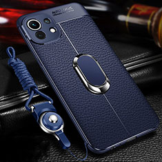 Silikon Hülle Handyhülle Gummi Schutzhülle Flexible Leder Tasche mit Magnetisch Fingerring Ständer S02 für Xiaomi Mi 11 Lite 4G Blau