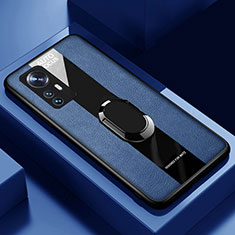 Silikon Hülle Handyhülle Gummi Schutzhülle Flexible Leder Tasche mit Magnetisch Fingerring Ständer S02 für Xiaomi Mi 12 5G Blau