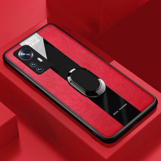 Silikon Hülle Handyhülle Gummi Schutzhülle Flexible Leder Tasche mit Magnetisch Fingerring Ständer S02 für Xiaomi Mi 12 5G Rot