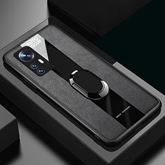 Silikon Hülle Handyhülle Gummi Schutzhülle Flexible Leder Tasche mit Magnetisch Fingerring Ständer S02 für Xiaomi Mi 12 Pro 5G Schwarz