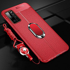 Silikon Hülle Handyhülle Gummi Schutzhülle Flexible Leder Tasche mit Magnetisch Fingerring Ständer S03 für Huawei Honor 30 Pro+ Plus Rot