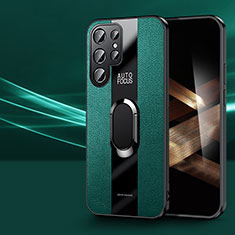 Silikon Hülle Handyhülle Gummi Schutzhülle Flexible Leder Tasche mit Magnetisch Fingerring Ständer S03 für Samsung Galaxy S24 Ultra 5G Grün