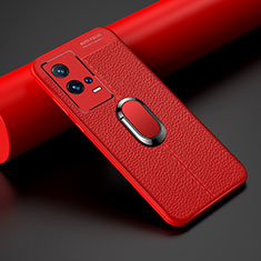 Silikon Hülle Handyhülle Gummi Schutzhülle Flexible Leder Tasche mit Magnetisch Fingerring Ständer S03 für Vivo iQOO 8 5G Rot