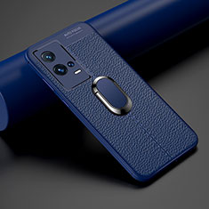 Silikon Hülle Handyhülle Gummi Schutzhülle Flexible Leder Tasche mit Magnetisch Fingerring Ständer S03 für Vivo iQOO 8 Pro 5G Blau