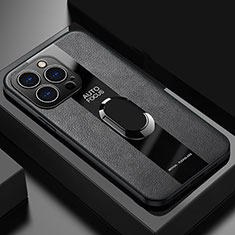 Silikon Hülle Handyhülle Gummi Schutzhülle Flexible Leder Tasche mit Magnetisch Fingerring Ständer S04 für Apple iPhone 13 Pro Max Schwarz