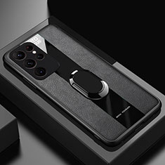 Silikon Hülle Handyhülle Gummi Schutzhülle Flexible Leder Tasche mit Magnetisch Fingerring Ständer S04 für Samsung Galaxy S21 Ultra 5G Schwarz