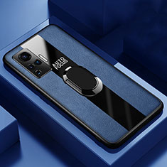 Silikon Hülle Handyhülle Gummi Schutzhülle Flexible Leder Tasche mit Magnetisch Fingerring Ständer S04 für Vivo X50 Pro 5G Blau