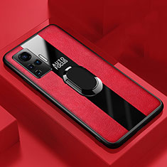 Silikon Hülle Handyhülle Gummi Schutzhülle Flexible Leder Tasche mit Magnetisch Fingerring Ständer S04 für Vivo X50 Pro 5G Rot