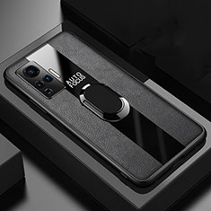 Silikon Hülle Handyhülle Gummi Schutzhülle Flexible Leder Tasche mit Magnetisch Fingerring Ständer S04 für Vivo X50 Pro 5G Schwarz