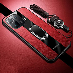 Silikon Hülle Handyhülle Gummi Schutzhülle Flexible Leder Tasche mit Magnetisch Fingerring Ständer S05 für Xiaomi Mi 11 Pro 5G Rot
