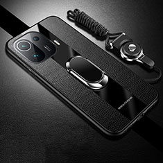 Silikon Hülle Handyhülle Gummi Schutzhülle Flexible Leder Tasche mit Magnetisch Fingerring Ständer S05 für Xiaomi Mi 11 Pro 5G Schwarz