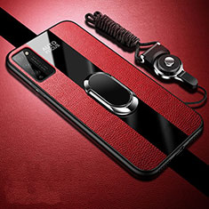 Silikon Hülle Handyhülle Gummi Schutzhülle Flexible Leder Tasche mit Magnetisch Fingerring Ständer T01 für Huawei Honor 30 Lite 5G Rot