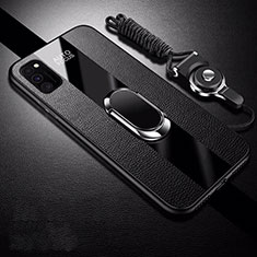 Silikon Hülle Handyhülle Gummi Schutzhülle Flexible Leder Tasche mit Magnetisch Fingerring Ständer T01 für Huawei Honor V30 5G Schwarz