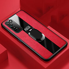 Silikon Hülle Handyhülle Gummi Schutzhülle Flexible Leder Tasche mit Magnetisch Fingerring Ständer T01 für Huawei Honor X10 5G Rot