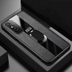 Silikon Hülle Handyhülle Gummi Schutzhülle Flexible Leder Tasche mit Magnetisch Fingerring Ständer T01 für Huawei Honor X10 Max 5G Schwarz