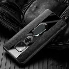 Silikon Hülle Handyhülle Gummi Schutzhülle Flexible Leder Tasche mit Magnetisch Fingerring Ständer T01 für Huawei Mate 20 X 5G Schwarz