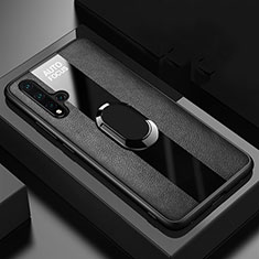 Silikon Hülle Handyhülle Gummi Schutzhülle Flexible Leder Tasche mit Magnetisch Fingerring Ständer T01 für Huawei Nova 5 Pro Schwarz