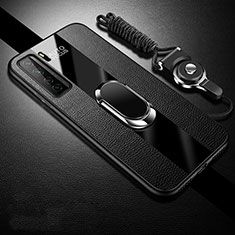 Silikon Hülle Handyhülle Gummi Schutzhülle Flexible Leder Tasche mit Magnetisch Fingerring Ständer T01 für Huawei Nova 7 SE 5G Schwarz