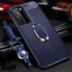 Silikon Hülle Handyhülle Gummi Schutzhülle Flexible Leder Tasche mit Magnetisch Fingerring Ständer T01 für Huawei P40 Pro Blau