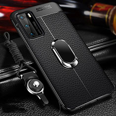 Silikon Hülle Handyhülle Gummi Schutzhülle Flexible Leder Tasche mit Magnetisch Fingerring Ständer T01 für Huawei P40 Schwarz