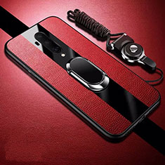 Silikon Hülle Handyhülle Gummi Schutzhülle Flexible Leder Tasche mit Magnetisch Fingerring Ständer T01 für OnePlus 7T Pro Rot