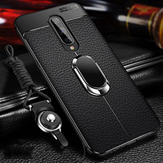 Silikon Hülle Handyhülle Gummi Schutzhülle Flexible Leder Tasche mit Magnetisch Fingerring Ständer T01 für OnePlus 8 Schwarz