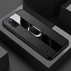 Silikon Hülle Handyhülle Gummi Schutzhülle Flexible Leder Tasche mit Magnetisch Fingerring Ständer T01 für Oppo A72 Schwarz