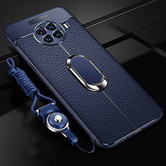 Silikon Hülle Handyhülle Gummi Schutzhülle Flexible Leder Tasche mit Magnetisch Fingerring Ständer T01 für Oppo Ace2 Blau