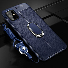 Silikon Hülle Handyhülle Gummi Schutzhülle Flexible Leder Tasche mit Magnetisch Fingerring Ständer T01 für Samsung Galaxy A51 5G Blau