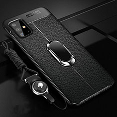Silikon Hülle Handyhülle Gummi Schutzhülle Flexible Leder Tasche mit Magnetisch Fingerring Ständer T01 für Samsung Galaxy A51 5G Schwarz