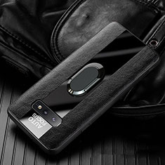 Silikon Hülle Handyhülle Gummi Schutzhülle Flexible Leder Tasche mit Magnetisch Fingerring Ständer T01 für Samsung Galaxy S10e Schwarz