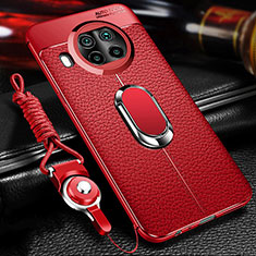 Silikon Hülle Handyhülle Gummi Schutzhülle Flexible Leder Tasche mit Magnetisch Fingerring Ständer T01 für Xiaomi Mi 10i 5G Rot