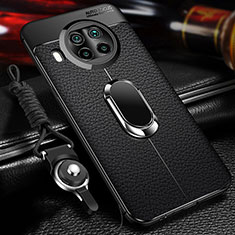 Silikon Hülle Handyhülle Gummi Schutzhülle Flexible Leder Tasche mit Magnetisch Fingerring Ständer T01 für Xiaomi Mi 10T Lite 5G Schwarz